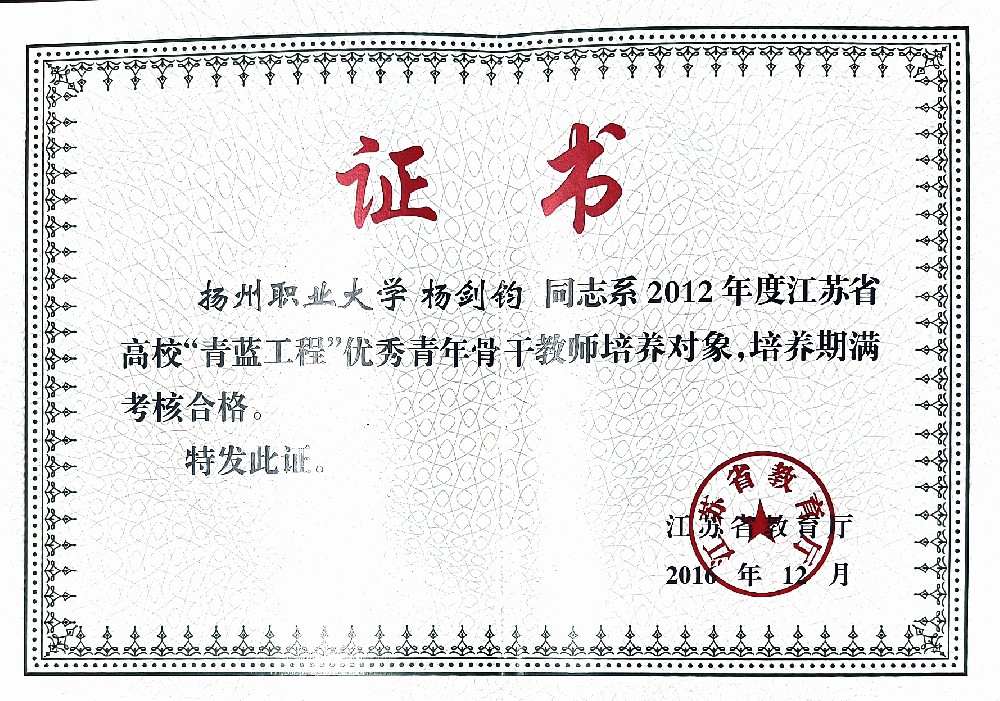 江苏省“青蓝工程”优秀青年骨干教师