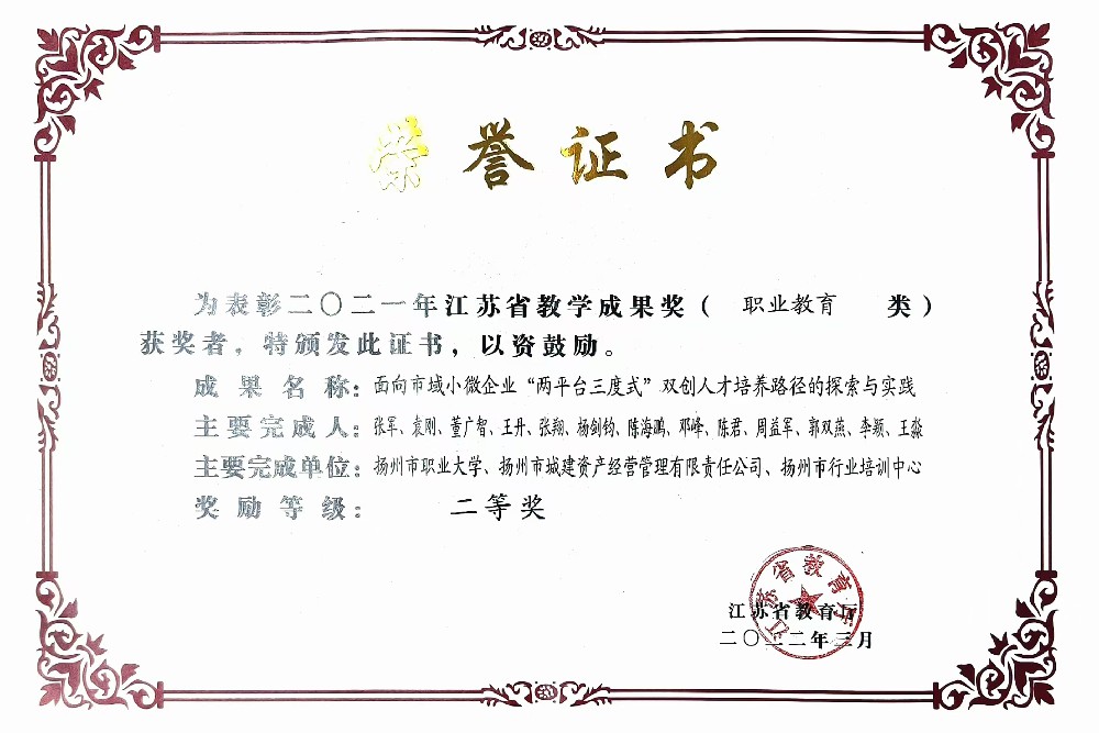 江苏省教学成果奖二等奖（职业教育类）